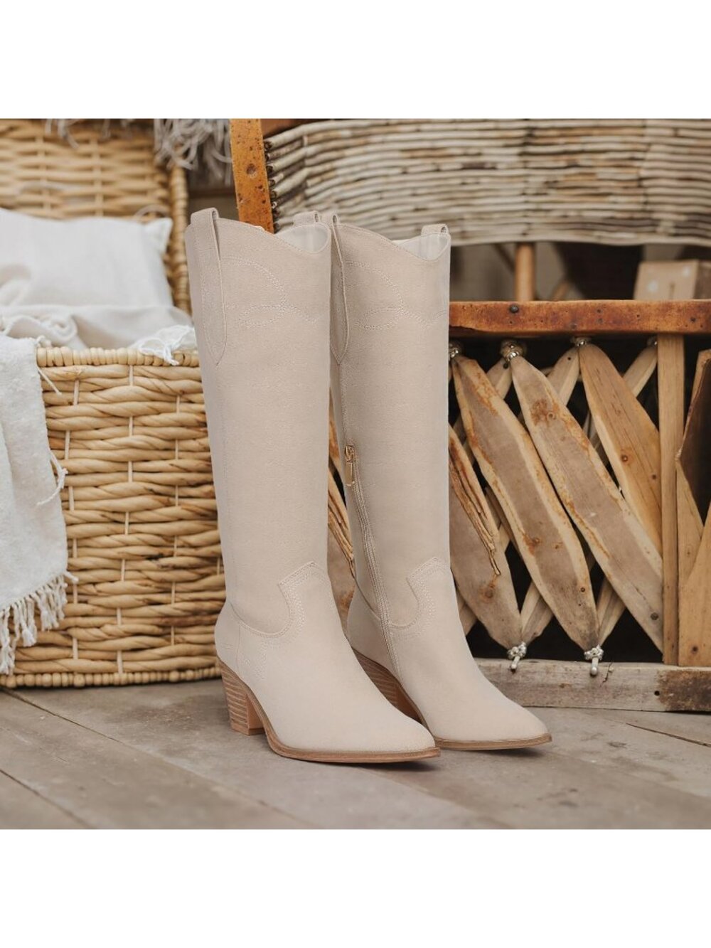 Women's Beige Cowgirl Boots Western Pointed Toe Block Heel Suede Embroidered